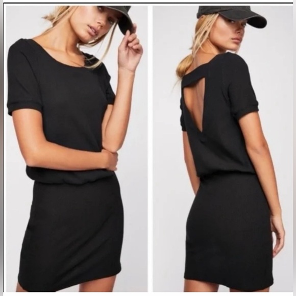 Free People Beach Happy Hour Mini Dress XS Black Ribbed Blouson Stretch Cut Out - Picture 1 of 8